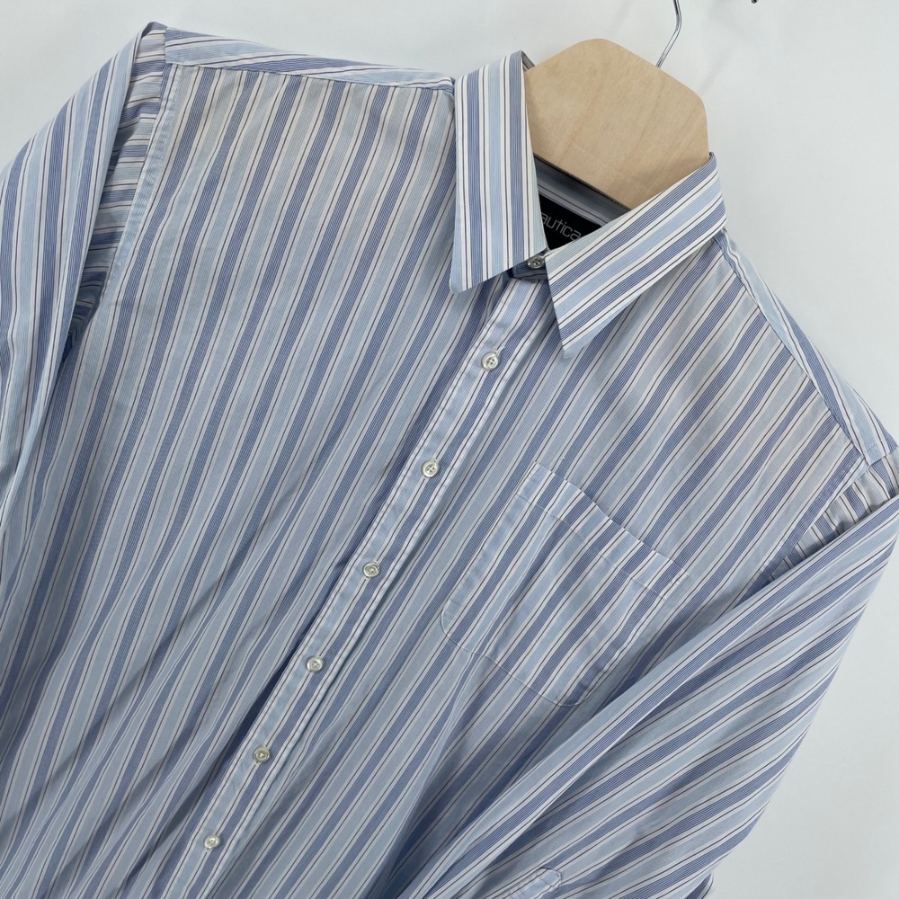 Nautica Mens Blue White Striped Cotton Button Down Shirt 17 34-35 Long Sleeve